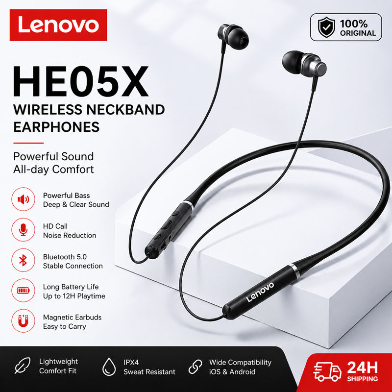 Magnetic Neckband Sports Earphones - 100% 오리지널 Lenovo HE05X 블루투스 이어폰